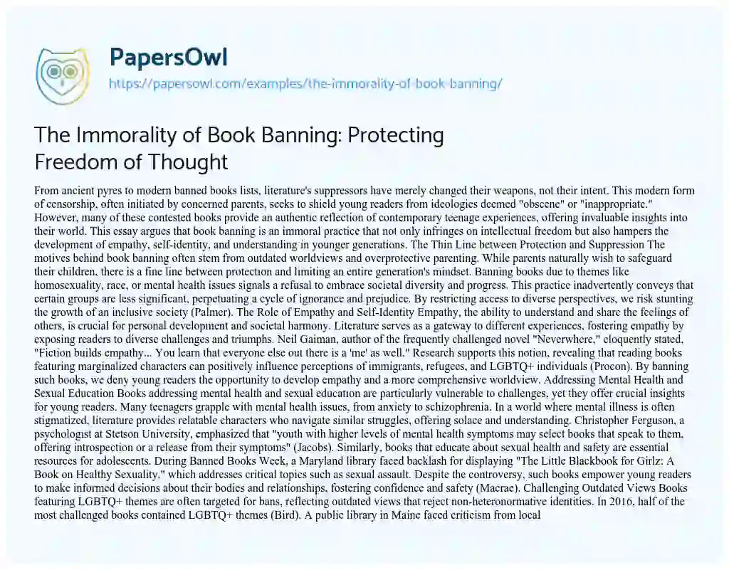 Essay on The Immorality of Book Banning: Protecting Freedom of Thought