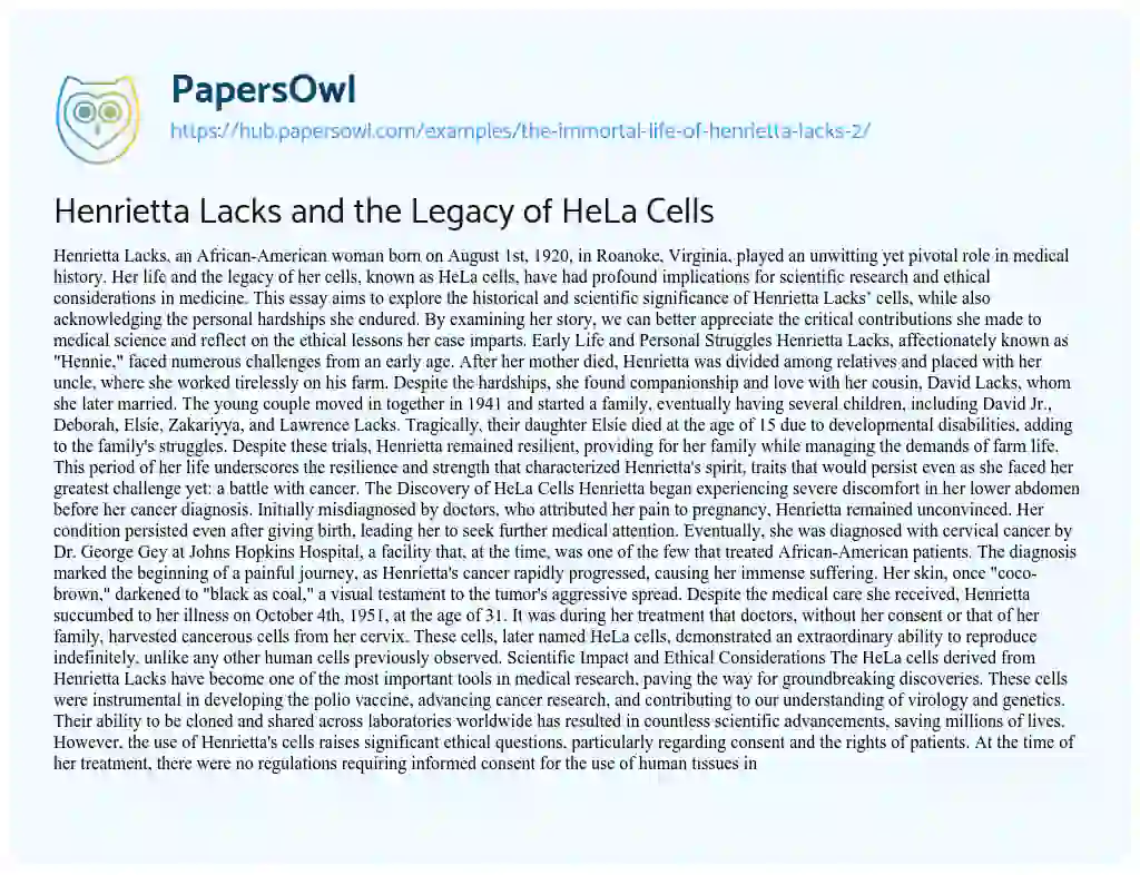 Essay on Henrietta Lacks and the Legacy of HeLa Cells