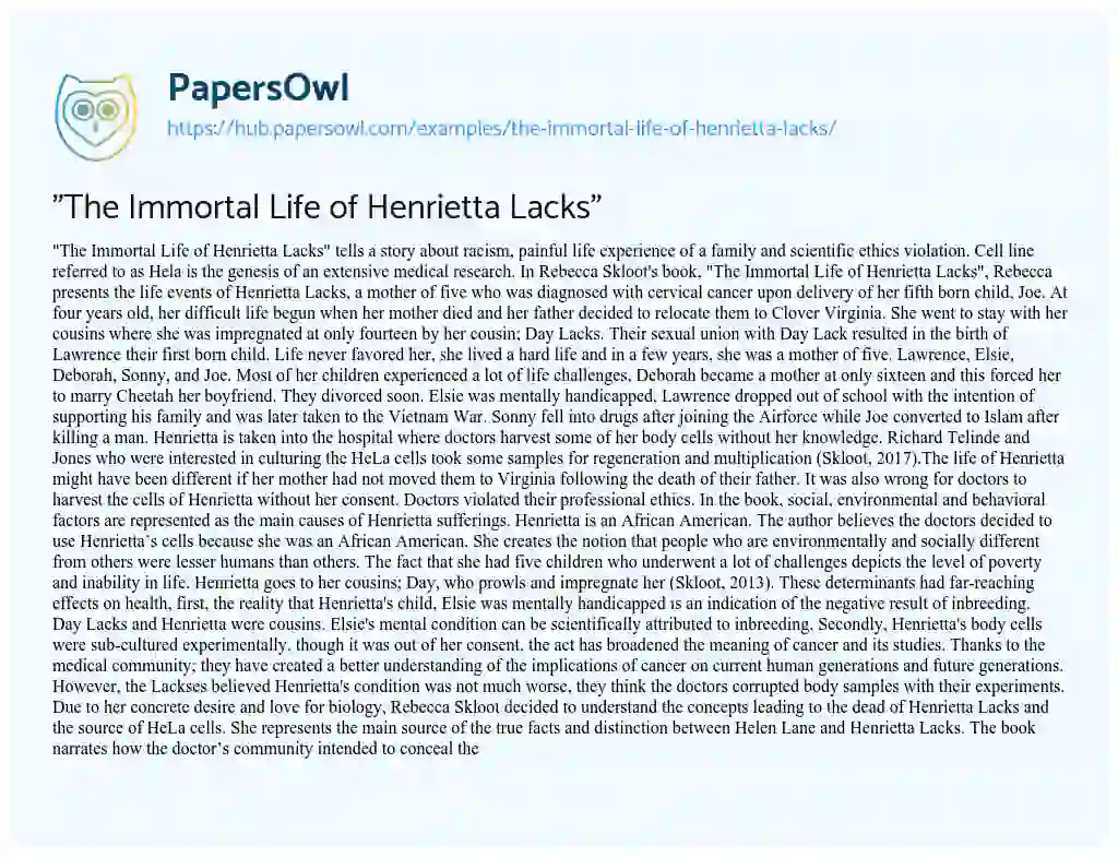 Essay on “The Immortal Life of Henrietta Lacks”