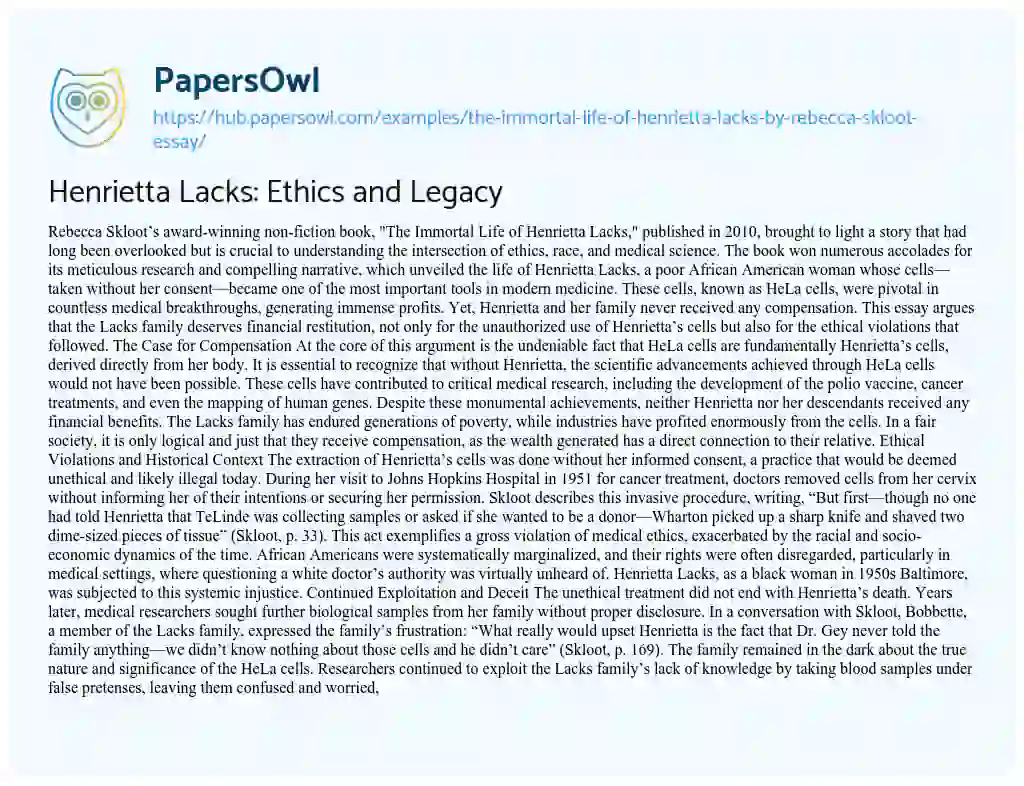 Essay on Henrietta Lacks: Ethics and Legacy