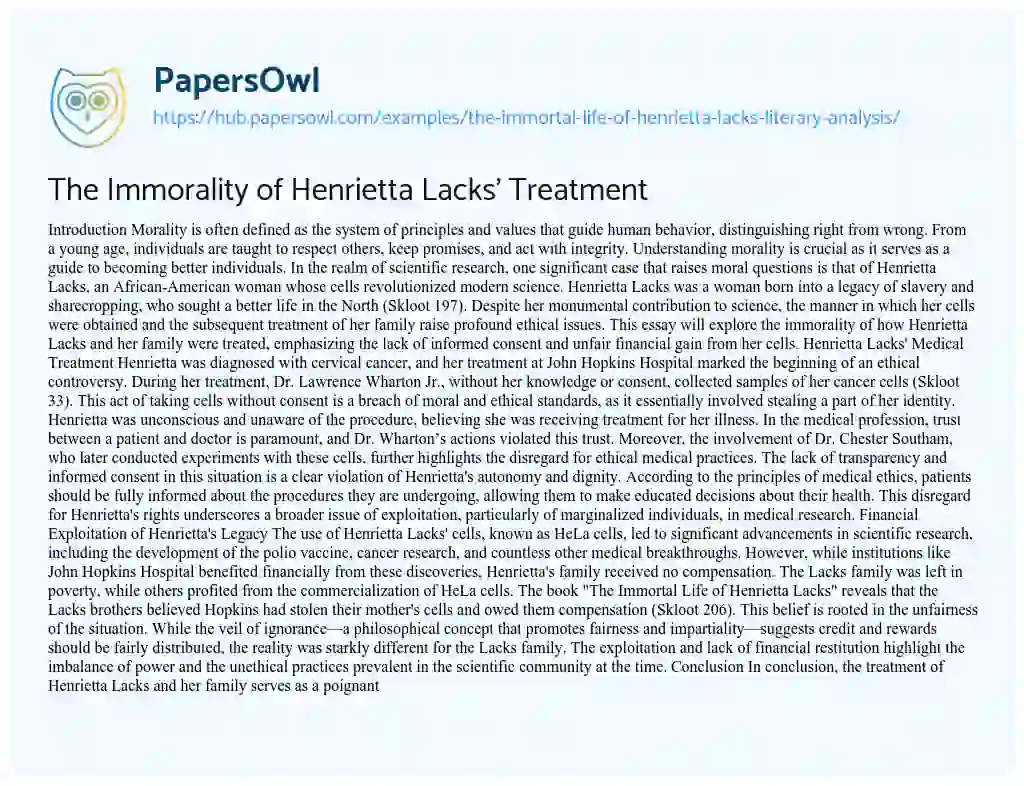 Essay on The Immorality of Henrietta Lacks’ Treatment