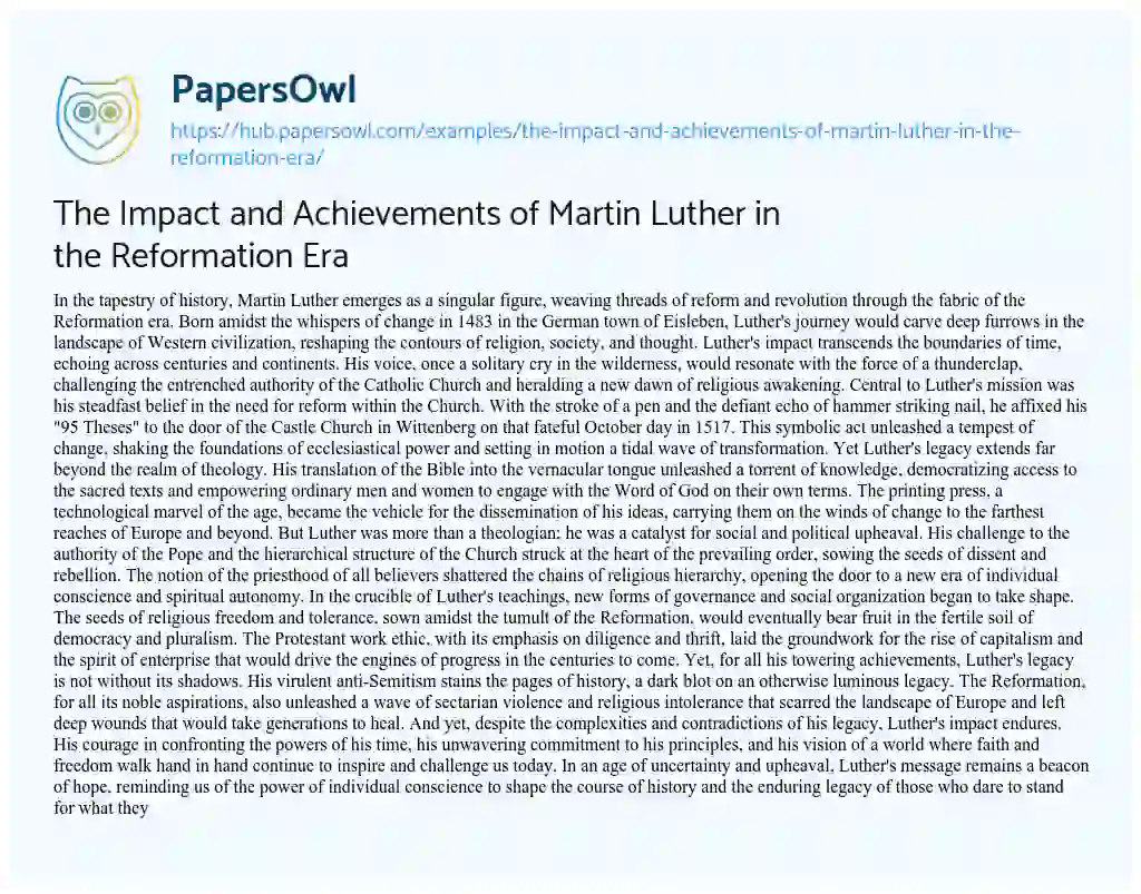 Essay on The Impact and Achievements of Martin Luther in the Reformation Era