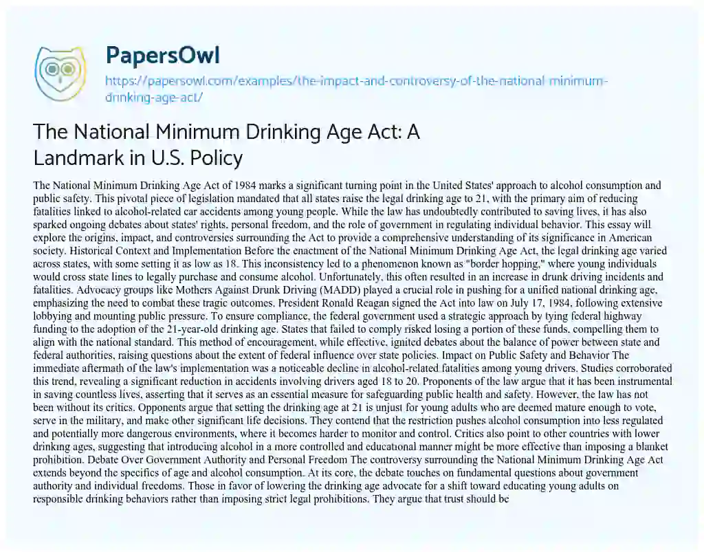 Essay on The National Minimum Drinking Age Act: A Landmark in U.S. Policy