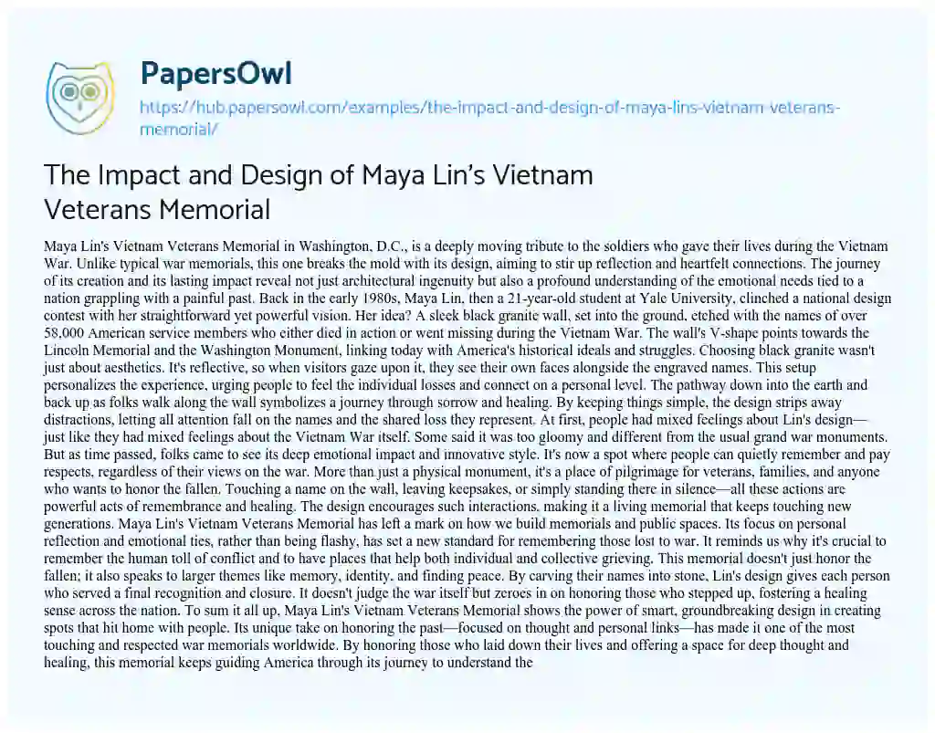 Essay on The Impact and Design of Maya Lin’s Vietnam Veterans Memorial