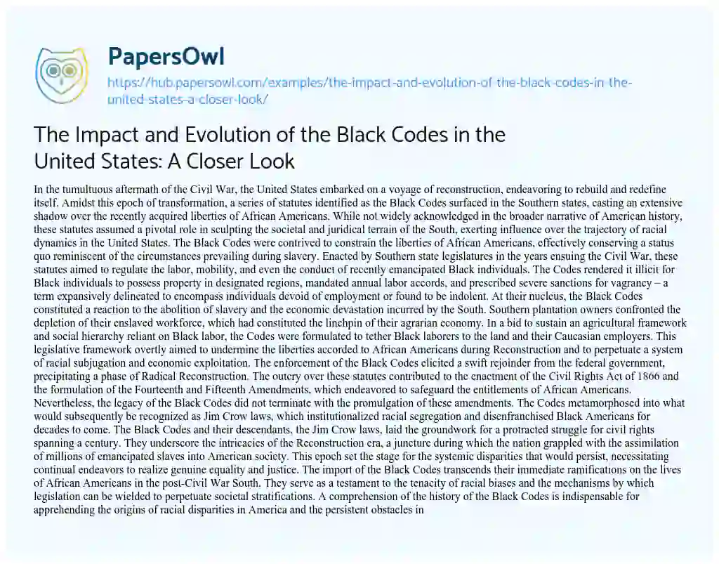 Essay on The Impact and Evolution of the Black Codes in the United States: A Closer Look