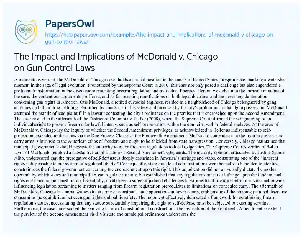 Essay on The Impact and Implications of McDonald v. Chicago on Gun Control Laws