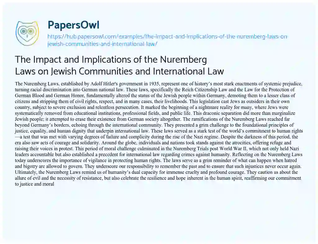 Essay on The Impact and Implications of the Nuremberg Laws on Jewish Communities and International Law