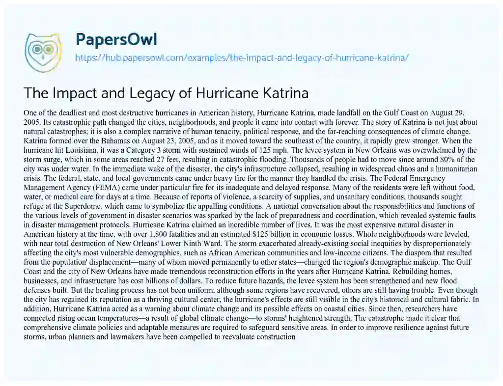 Essay on The Impact and Legacy of Hurricane Katrina