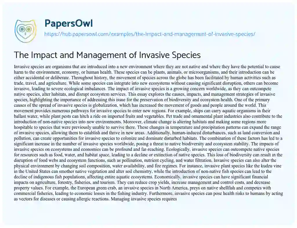 Essay on The Impact and Management of Invasive Species