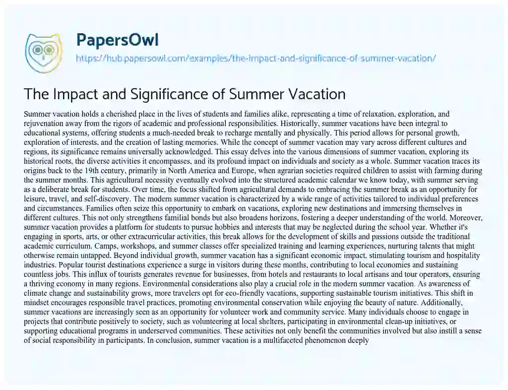 Essay on The Impact and Significance of Summer Vacation