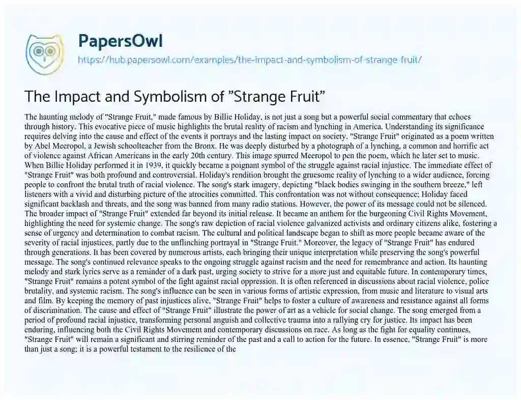 Essay on The Impact and Symbolism of “Strange Fruit”