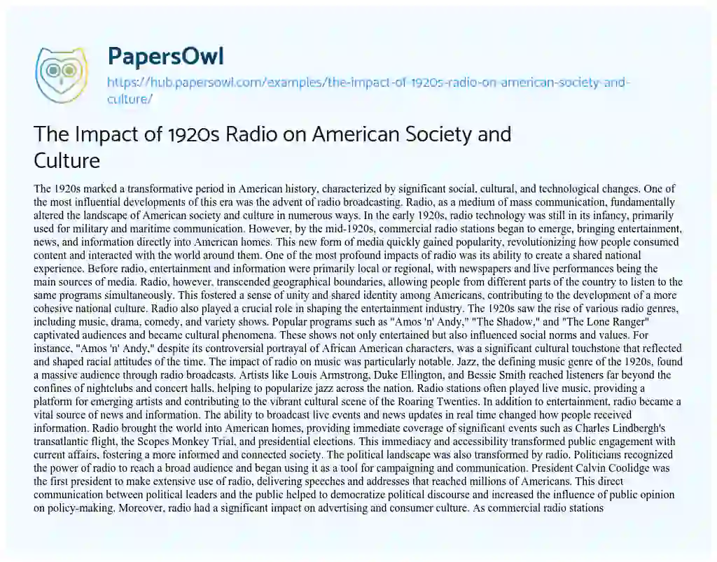 Essay on The Impact of 1920s Radio on American Society and Culture