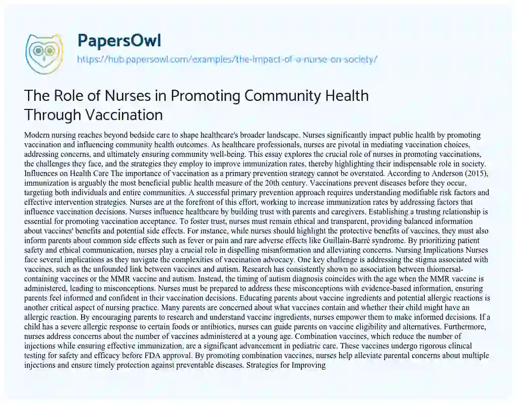 Essay on The Role of Nurses in Promoting Community Health Through Vaccination