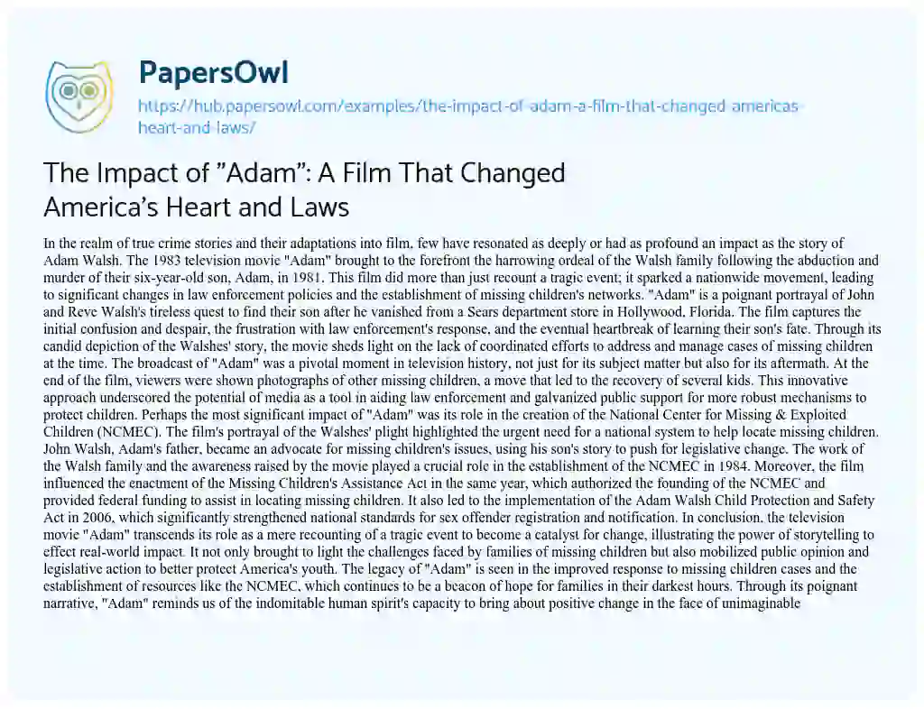 Essay on The Impact of “Adam”: A Film That Changed America’s Heart and Laws
