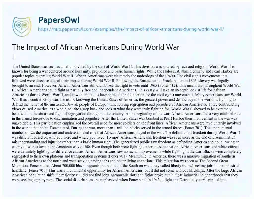 Essay on The Impact of African Americans During World War II