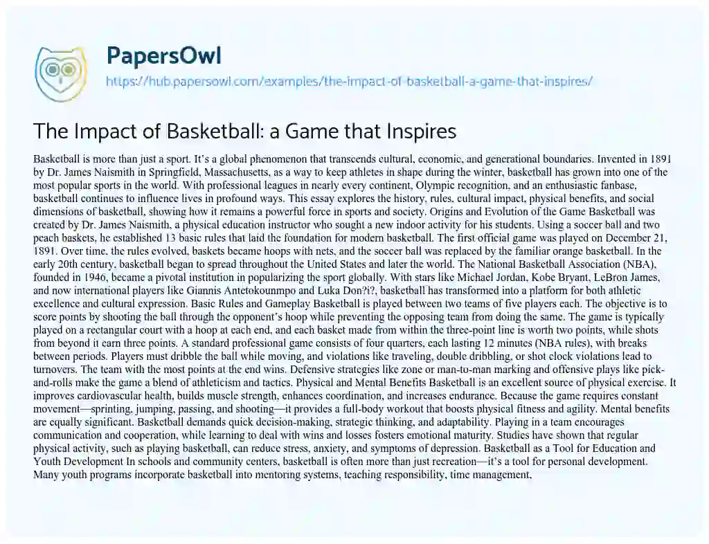 Essay on The Impact of Basketball: a Game that Inspires