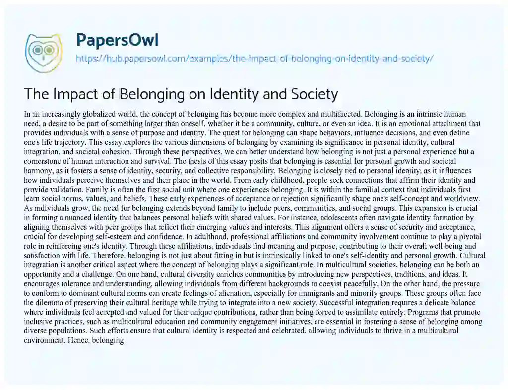 Essay on The Impact of Belonging on Identity and Society