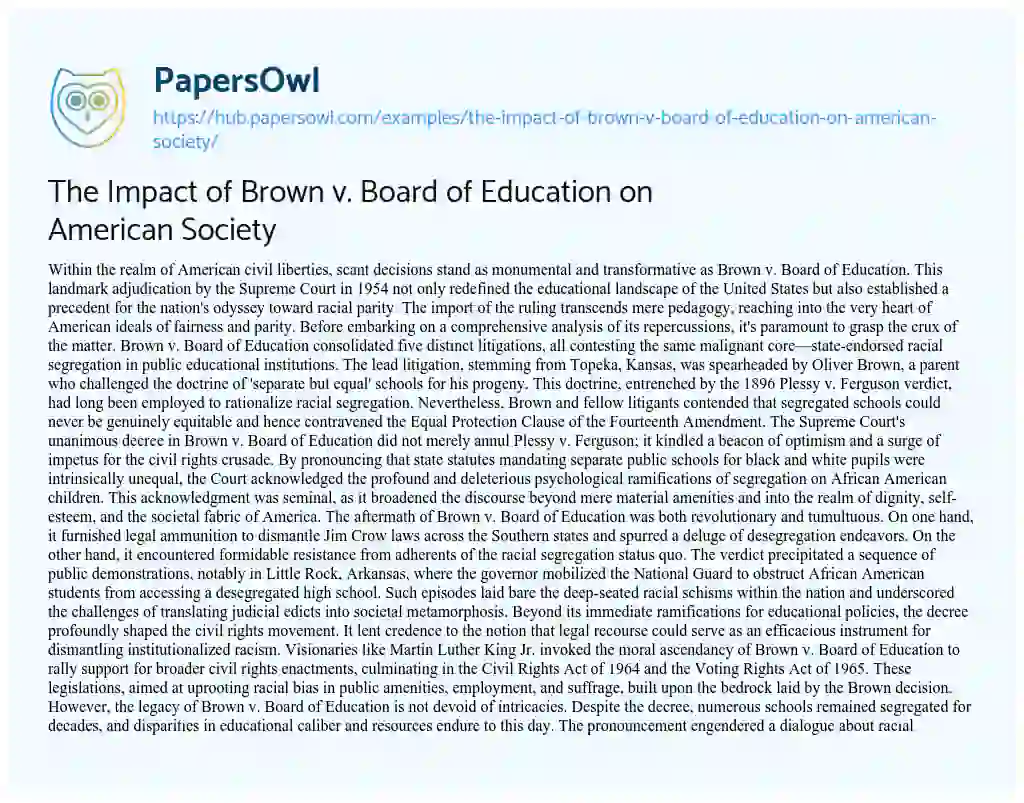 Essay on The Impact of Brown v. Board of Education on American Society