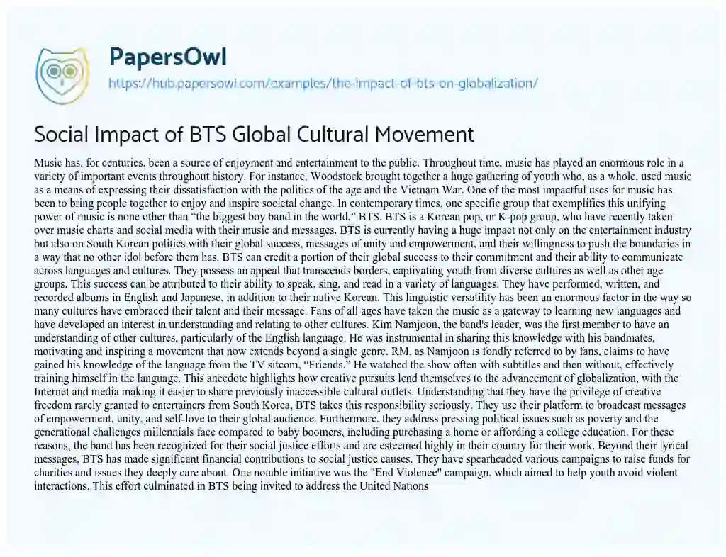 Essay on Social Impact of BTS Global Cultural Movement