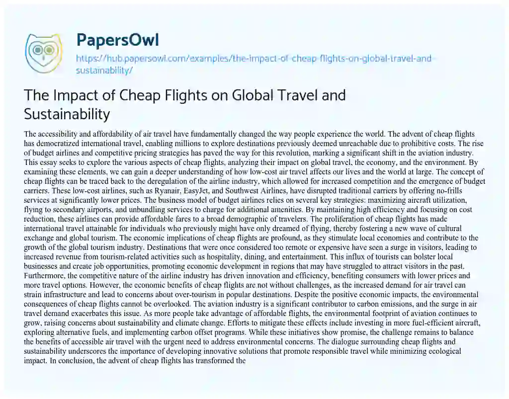 Essay on The Impact of Cheap Flights on Global Travel and Sustainability