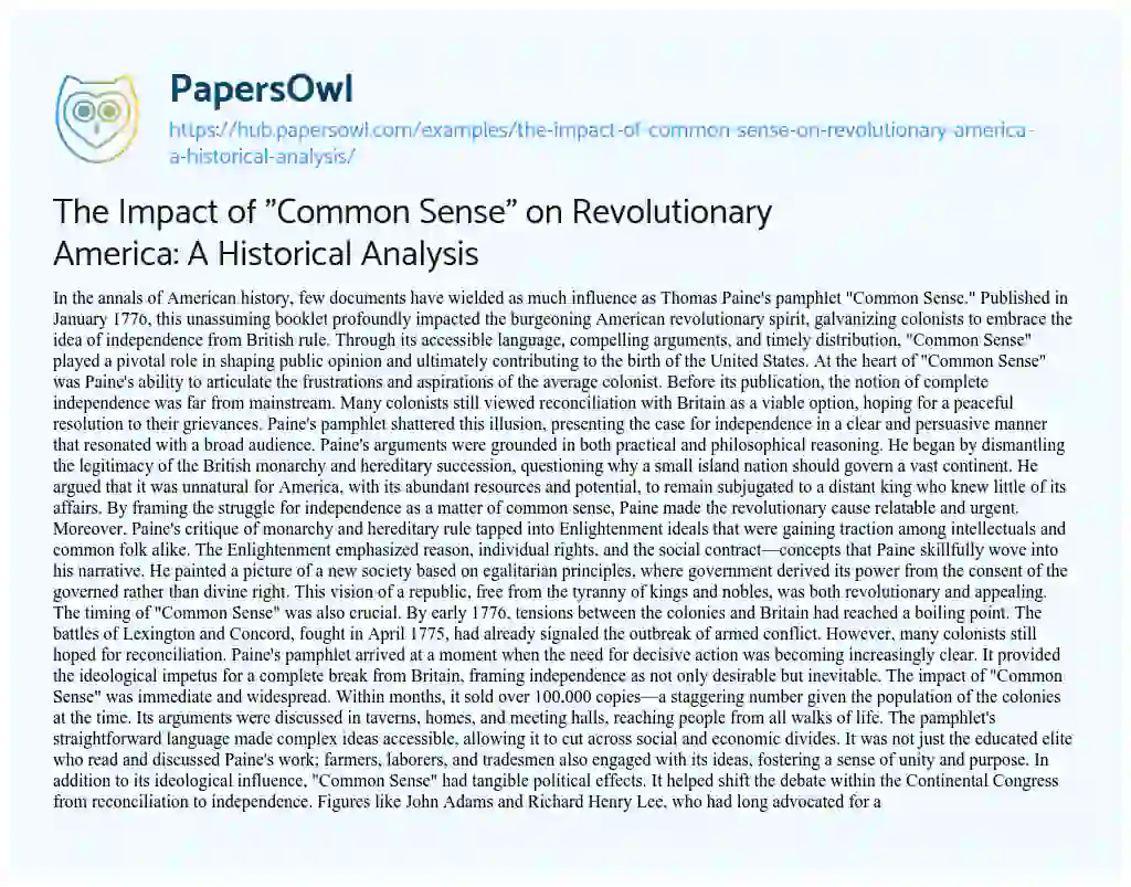 Essay on The Impact of “Common Sense” on Revolutionary America: A Historical Analysis