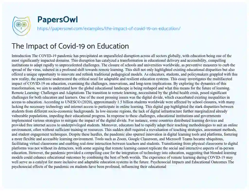 Essay on The Impact of Covid-19 on Education