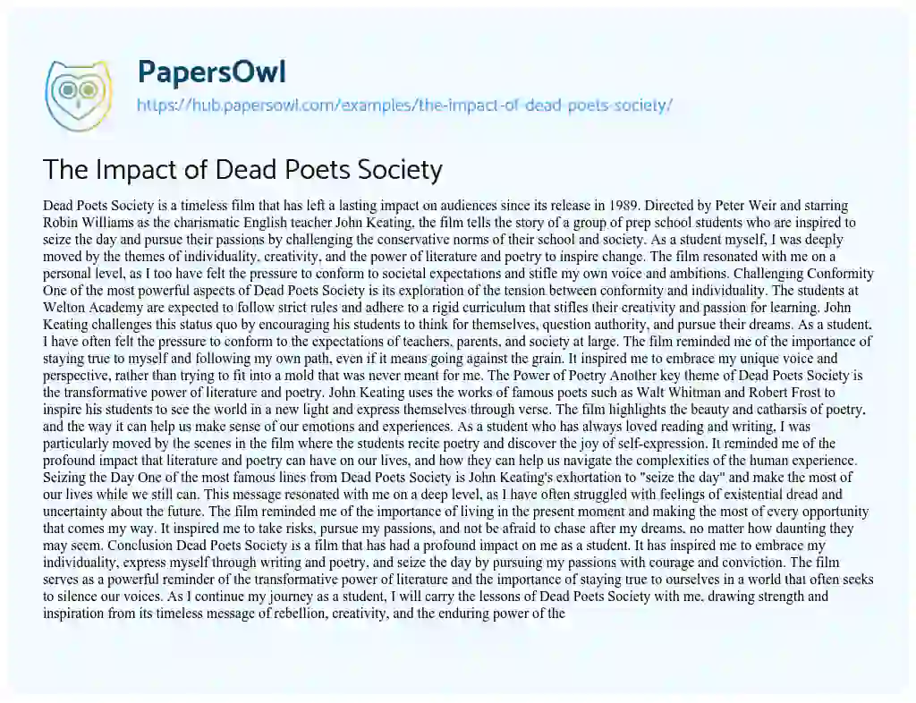 Essay on The Impact of Dead Poets Society