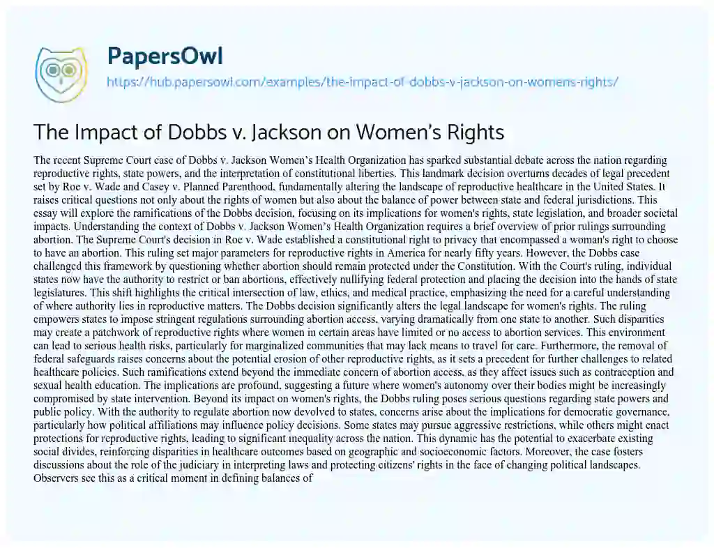 Essay on The Impact of Dobbs v. Jackson on Women’s Rights