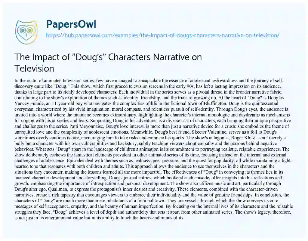Essay on The Impact of “Doug’s” Characters Narrative on Television
