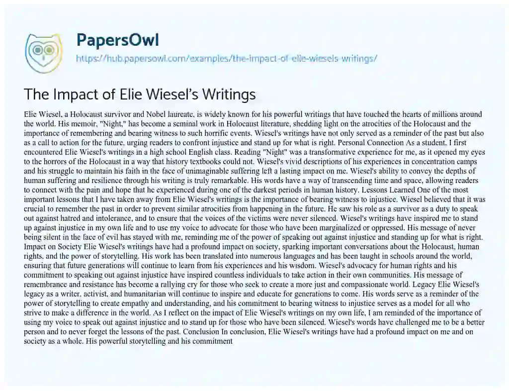 Essay on The Impact of Elie Wiesel’s Writings