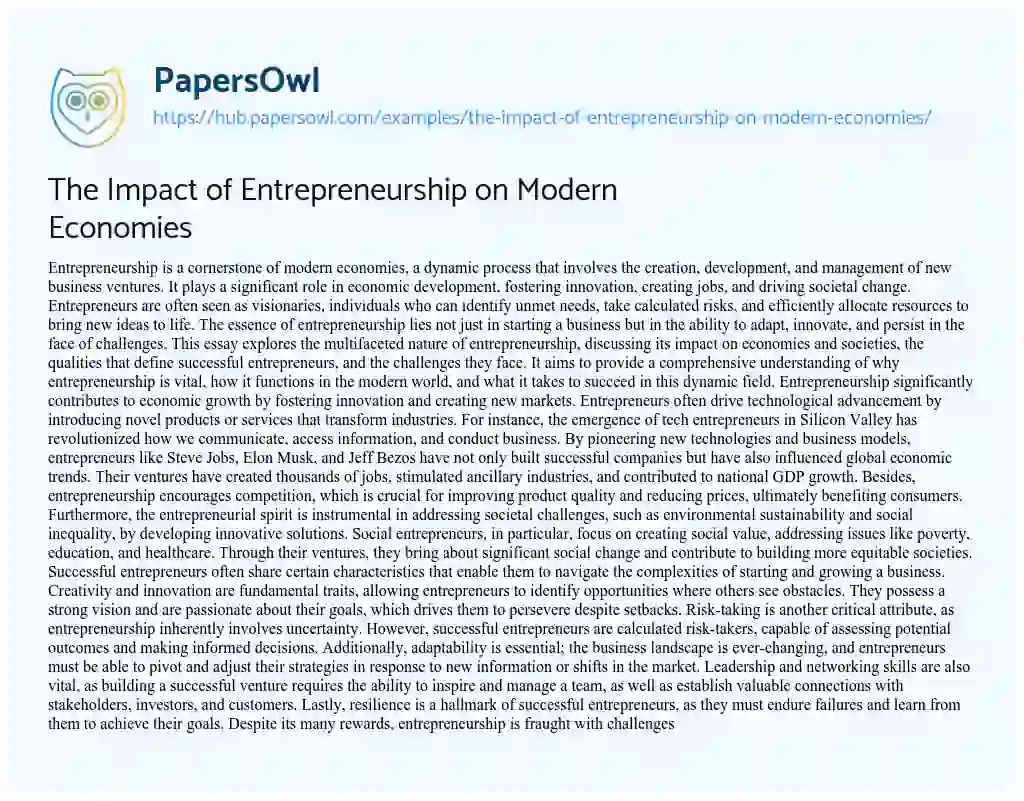 Essay on The Impact of Entrepreneurship on Modern Economies