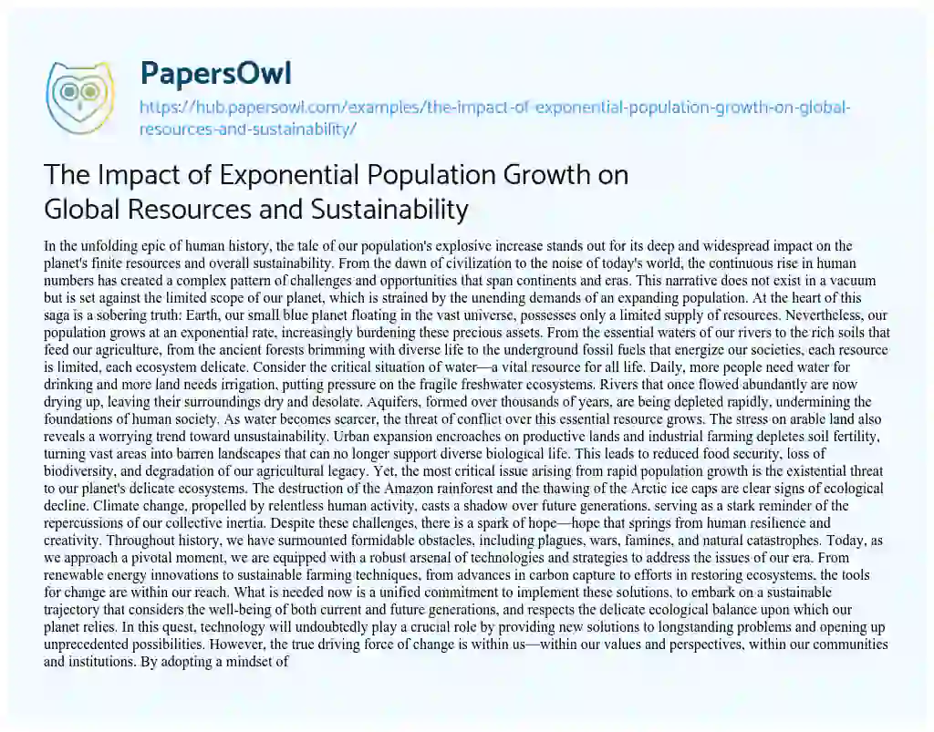 Essay on The Impact of Exponential Population Growth on Global Resources and Sustainability