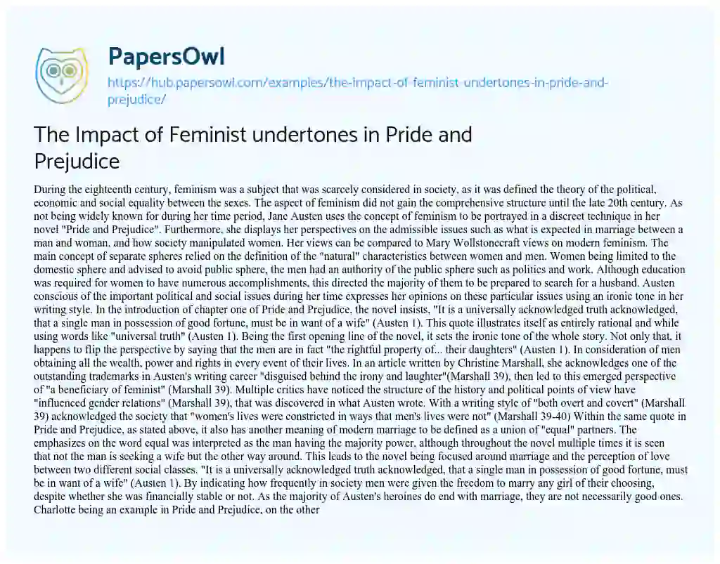 Essay on The Impact of Feminist undertones in Pride and Prejudice