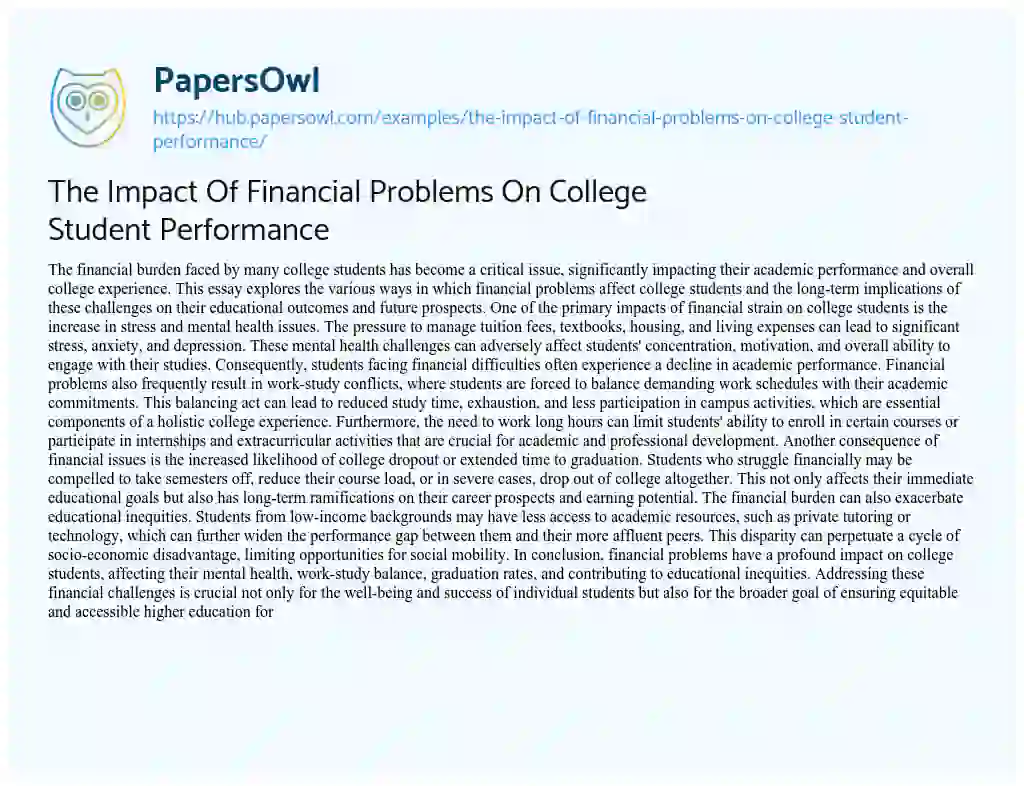 Essay on The Impact Of Financial Problems On College Student Performance