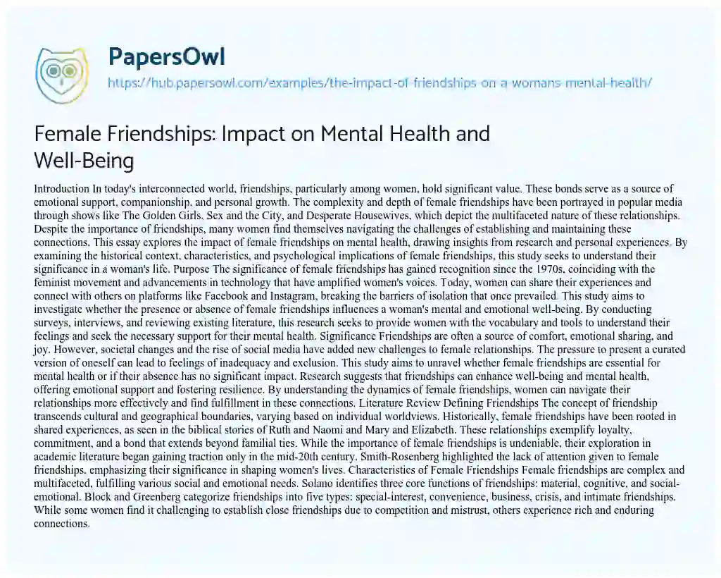 Essay on Female Friendships: Impact on Mental Health and Well-Being