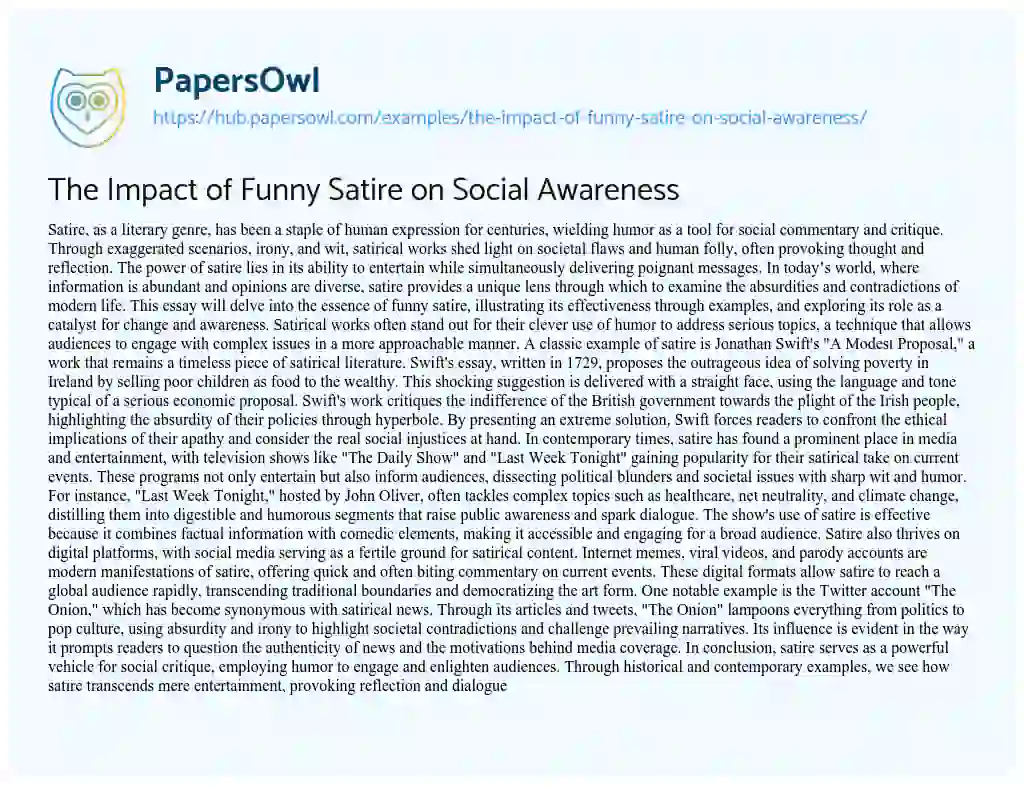 Essay on The Impact of Funny Satire on Social Awareness