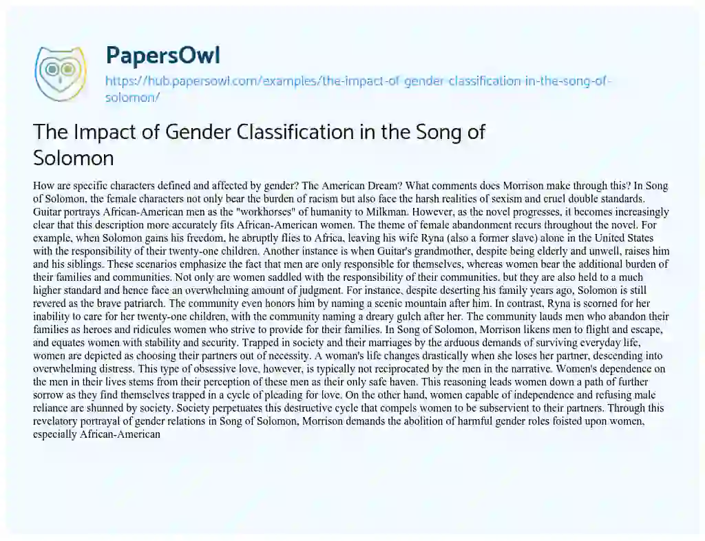 Essay on The Impact of Gender Classification in the Song of Solomon