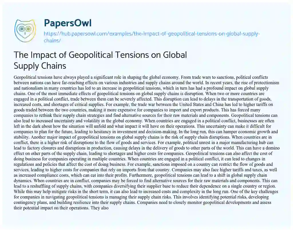 Essay on The Impact of Geopolitical Tensions on Global Supply Chains