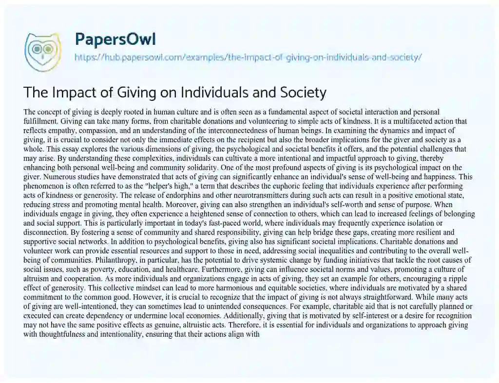 Essay on The Impact of Giving on Individuals and Society
