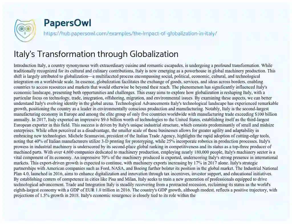 Essay on Italy’s Transformation through Globalization