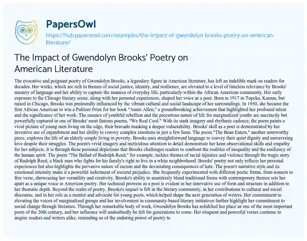 Essay on The Impact of Gwendolyn Brooks’ Poetry on American Literature