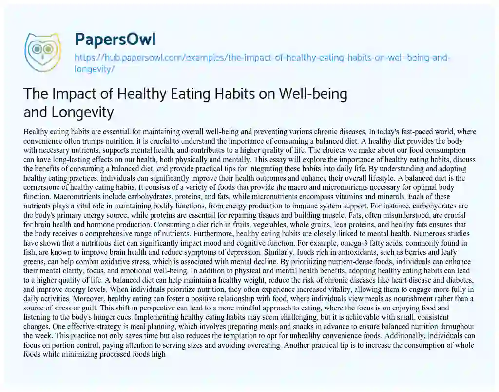 Essay on The Impact of Healthy Eating Habits on Well-being and Longevity