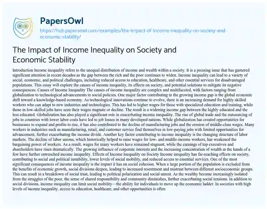 Essay on The Impact of Income Inequality on Society and Economic Stability