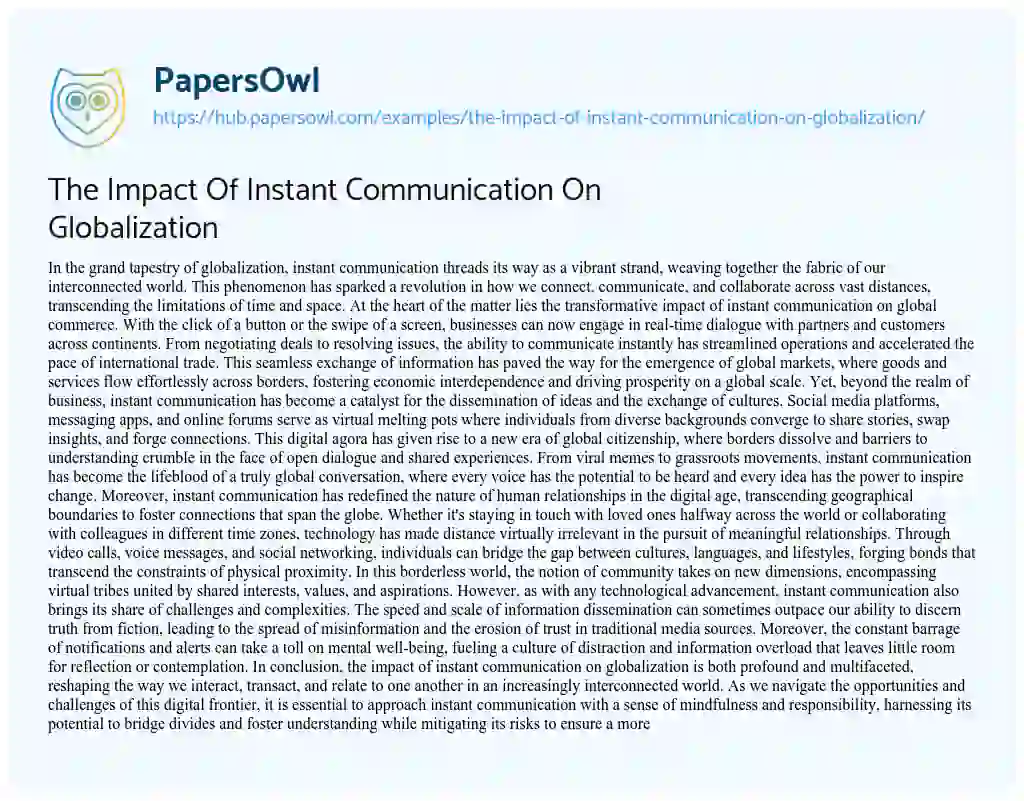 Essay on The Impact Of Instant Communication On Globalization