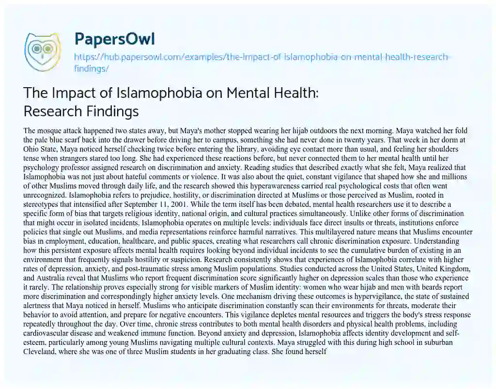 Essay on The Impact of Islamophobia on Mental Health: Research Findings