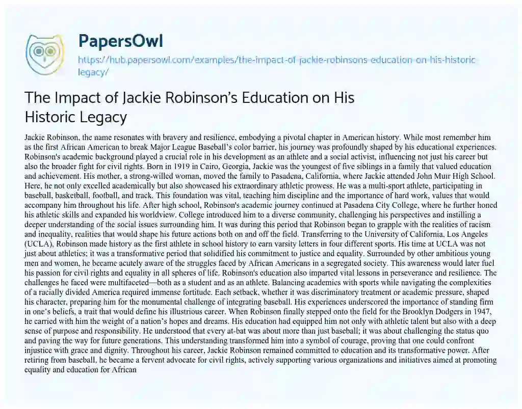 Essay on The Impact of Jackie Robinson’s Education on His Historic Legacy
