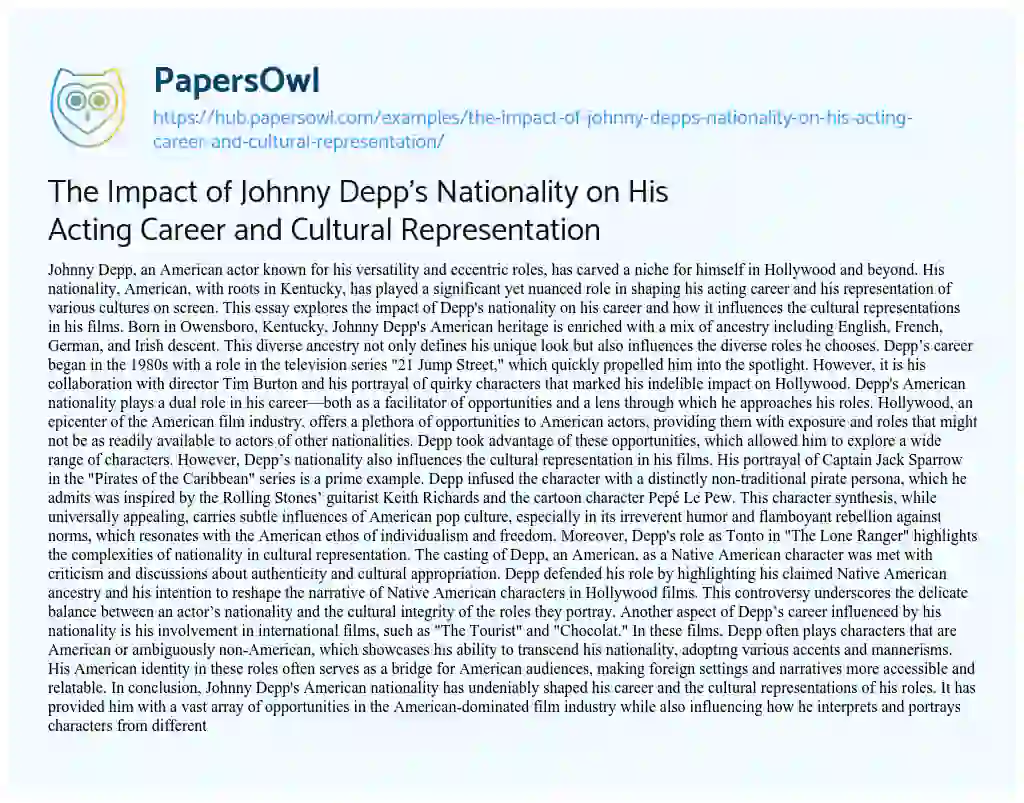 Essay on The Impact of Johnny Depp’s Nationality on His Acting Career and Cultural Representation