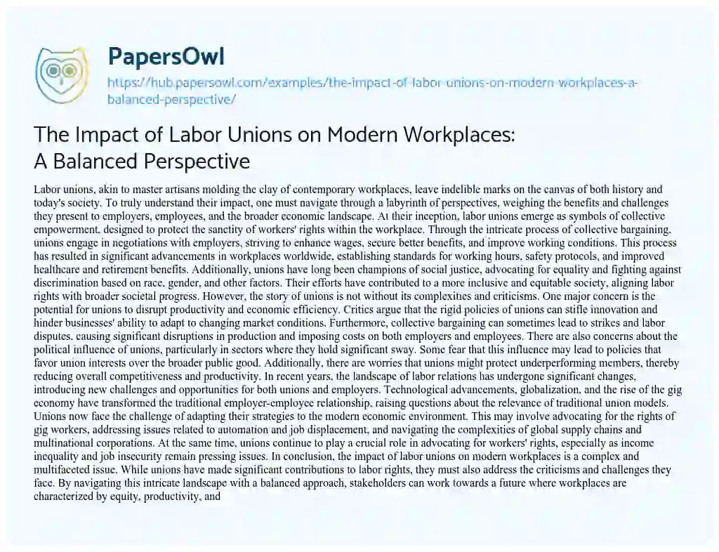 Essay on The Impact of Labor Unions on Modern Workplaces: A Balanced Perspective