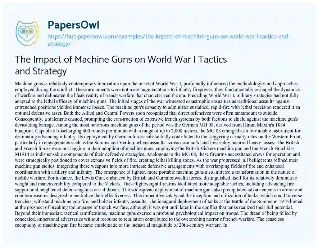 Essay on The Impact of Machine Guns on World War I Tactics and Strategy