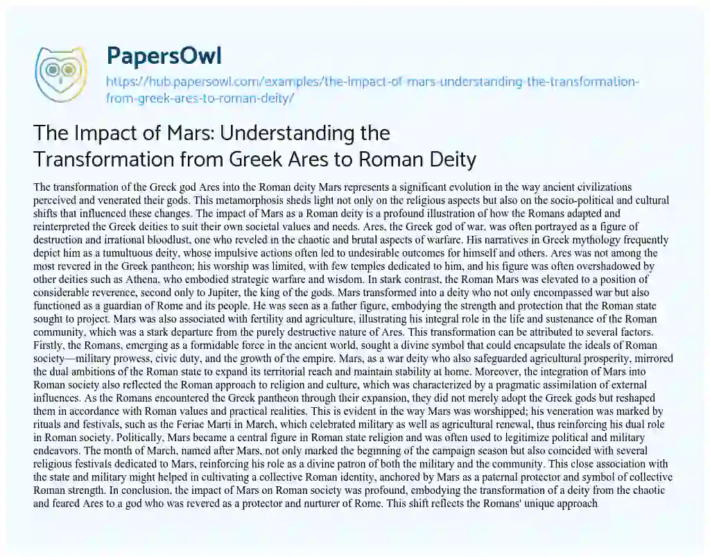 Essay on The Impact of Mars: Understanding the Transformation from Greek Ares to Roman Deity